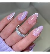 Almond Press on Nails Medium Length Fake Nails French Tip Nails Press ons Purple Acrylic Nails Gl...