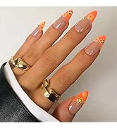 ANDGING Press on Nails Short Almond, Fake Nails for Women with Nude Pink Orange Flower Emo Design...