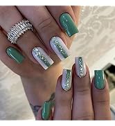 Green Fake Nails Square Press on Nails Medium Length False Nails with Green Stripe Sequins Design...