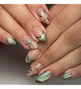 French Tip Press on Nails Glitter Round Head Almond Fake Nails Gold Flower False Nails Full Cover...