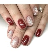 Christmas Red Glitter Press on Nails Square Short Fake Nails Sparkly False Nails with Xmas Snowfl...