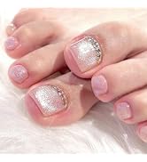 Press on Toenails Pink Fake Toe Nails Glitter False Toenails Glossy Full Cover Acrylic Toenails w...
