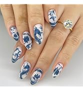 QQPPOLIU Blue Press on Nails Medium Almond Fake Nails Press Ons with Blue Flower and Chinese Drag...