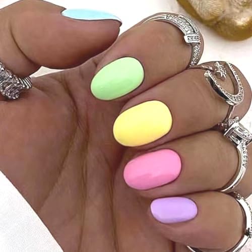 Short Almond Press on Nails, Short Fake Nails with Cute Multi -Color Rainbow Press ons Glossy Designs Acrylic Nails Press on Artificial False Nails Stick on Nails for Women 24Pcs
