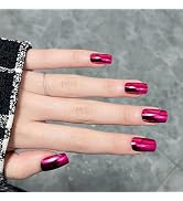 Red Chrome Press On Nails Medium Square Fake Nails Holographic False Nails with Designs Metallic ...