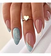Blue Press on Nails Medium Almond Fake Nails White False Nails with Design Gold Line Glossy Full ...