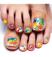 Summer Press on Toenails Short Square Fake Toe Nails Plam Tree False Toenails Glossy Full Cover A...