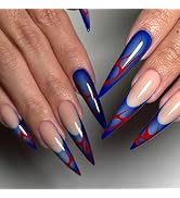 Blue French Tip Press on Nails Long Stiletto Fake Nails with Red Flame Designs Extra Long False N...