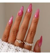 WAFOLOZE Almond Press on Nails Medium Fake Nails Glossy False Nails with Pink Cat Eye Press ons D...