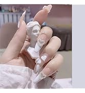 YOSOMK 3D Press on Nails Long White Pearl Heart Cute Fake Nails with Designs Glossy False Nails f...