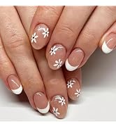 White French Tip Press on Nails Flower Fake Nails Short Almond False Nails Press ons with White F...
