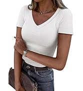 ANRABESS Women Short Sleeve V Neck Ribbed Knit Fitted Shirts Basic Tees Tops 2025 Summer Casual T...