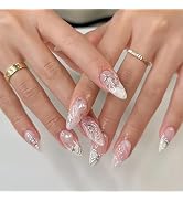 24Pcs Sliver Bow Almond Press on Nails Medium French Tip Fake Nails 3D Water Ripple Design Acryli...