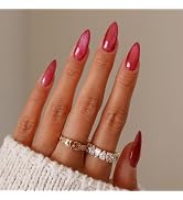 WAFOLOZE Almond Press on Nails Medium Fake Nails Glossy False Nails with Red Cat Eye Press ons De...