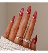 WAFOLOZE Almond Press on Nails Medium Fake Nails Glossy False Nails with Red Cat Eye Press ons De...