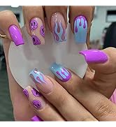 ANDGING Press on Nails Short Medium Coffin, Fake Nails for Women with White Nude Pink Navy Blue P...