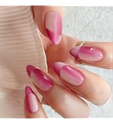 GLAMERMAID Hot Pink French Tip Press on Nails Short Almond, French Illusion Fake Nail Gel, Medium...