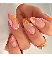 Orange Press on Nails Medium Almond Fake Nails False Nails with Design Gold Glitter Swirl Wave Ac...