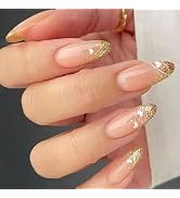 Medium Press on Nails Almond Golden Glitter French Tip False Nails with Designs Summer Acrylic Na...