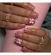 3D Press on Nails Short Square Bow Leopard False Nails Pink Fall Fake Nails with 3D Design Pink F...