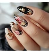Medium Press on Nails Almond Fake Nails with Floral Designs Fall Winter Nails Press ons Glossy Na...