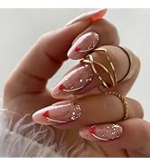 Valentine's Day Press on Nails Medium Fake Nails with Red Love Heart White Lines Design French Gl...