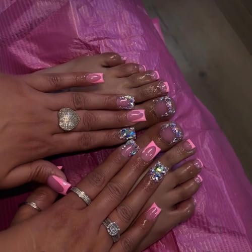48 Pcs Pink Press On Nails Medium Square & Press On Toenails Set - YEFIUO Hot Pink French Fake Nails Press ons Nail Art Tips Glue on Nails Acrylic Nail Kit False Toe Nails with Rhinestone Design Women