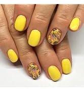 Yellow Sunflower Press on Nails Summer Flower Fake Nails Short Square Floral False Nails Glossy S...