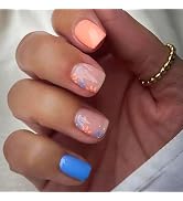 Press on Nails Short Square Blue Orange Fake Nails Press ons Flowers Glue on Nails Spring Summer ...
