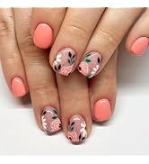 Press on Nails Short Square Fake Nails with Flower & Leaf Designs Pink Acrylic Nails Press ons Gl...