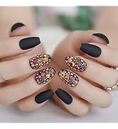 ELEVENAIL Luxury 3D Rose Black Metallic Rhinestones Matte Press on False Nails Medium Short Coffi...