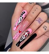 Halloween Press on Nails Long Coffin Fake Nails with Designs Cute Ghost Spider Bat False Nails Fu...