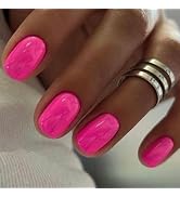 Press on Nails Extra Short Squoval, GLAMERMAID Hot Pink Jelly Gel Glue on Nails, 24Pcs Glossy Rou...