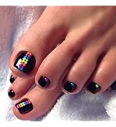 Kikmoya Fake Toe Nails Short Black Press on Toenails with Colorful Dots Design - 28pcs Sqaure Glo...