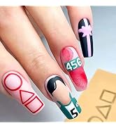 ANDGING Press on Nails Medium Length Coffin, Fake Nails for Women with Black Red Pink Letters Num...
