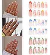 YOSOMK 3Packs (72 Pcs) Florets Press on Nails Medium Length French Almond Fake Nails Natural Glos...