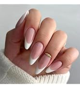French Tip Press on Nails Medium Almond Fake Nails White Acrylic Nails Reusable False Nails with ...
