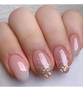 Pink Press on Nails Short Almond Fake Nails Ombre Pink False Nails with Designs Sequins Acrylic G...