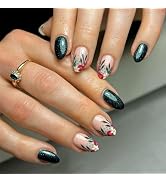 Short Press on Nails Oval Green Glitter Fake Nails Colorful Flower Leaf Nails Press ons Spring Su...
