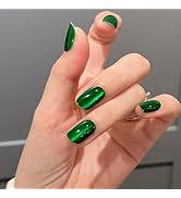 Green Cat Eye Press on Nails Short Square Fake Nails Glitter False Nails with Designs Short Coffi...