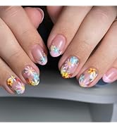 Flower Press on Nails Short Oval SWEKKE Pink French Tip Fake Nails False Nails with Designs Cute ...