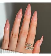Ombre Press on Nails Medium Almond Fake Nails Orange False Nails with Design Glossy Full Cover Ac...