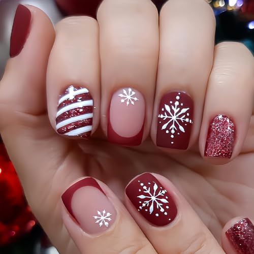 Christmas Press on Nails Short Square Fake Nails with Designs Snowflake Stick on Nail French Acrylic False Nail Red Glitter Artificial Nail Glossy Full Cover Glue on Nails for Women