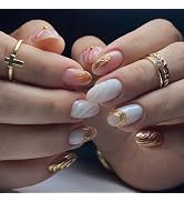24Pcs 3D Press on Nails Round Head Almond Fake Nails Glossy False Nails with Designs Medium Nails...
