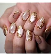 Flower Press on Nails Almond Medium Fake Nails Glossy Cute False Nails with Design 3D Gold Flower...