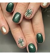 Christmas Press on Nails Short Square Gold Glitter Fake Nails with Sequin Bow Pattern Designs Gre...