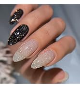 24 Pcs Almond Press on Nails Medium,Black Glossy Glue on Nails Full Cover False Nails with Glitte...