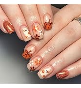Halloween Press on Nails Medium Square Fake Nails Cute Ghost Pumpkin Flower Glue on Nails Nude Fa...