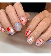 ANDGING Press on Nails Short Square, Fake Nails for Women with Nude Pink Flower Cherry Stars and ...
