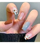 ANDGING Press on Nails Short Medium Coffin, Fake Nails for Women with Nude Pink Blue Brown Leopar...